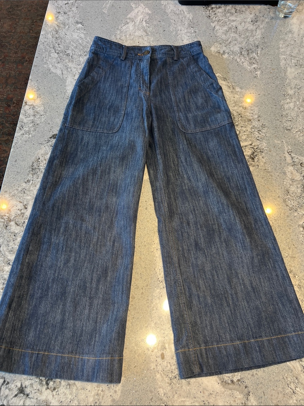 Falconeri Wide Leg Denim Chambray Trousers High Rise Patch Pocket Sz S Like New